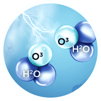 Ozone molecules (O3) are dissolved into the water.